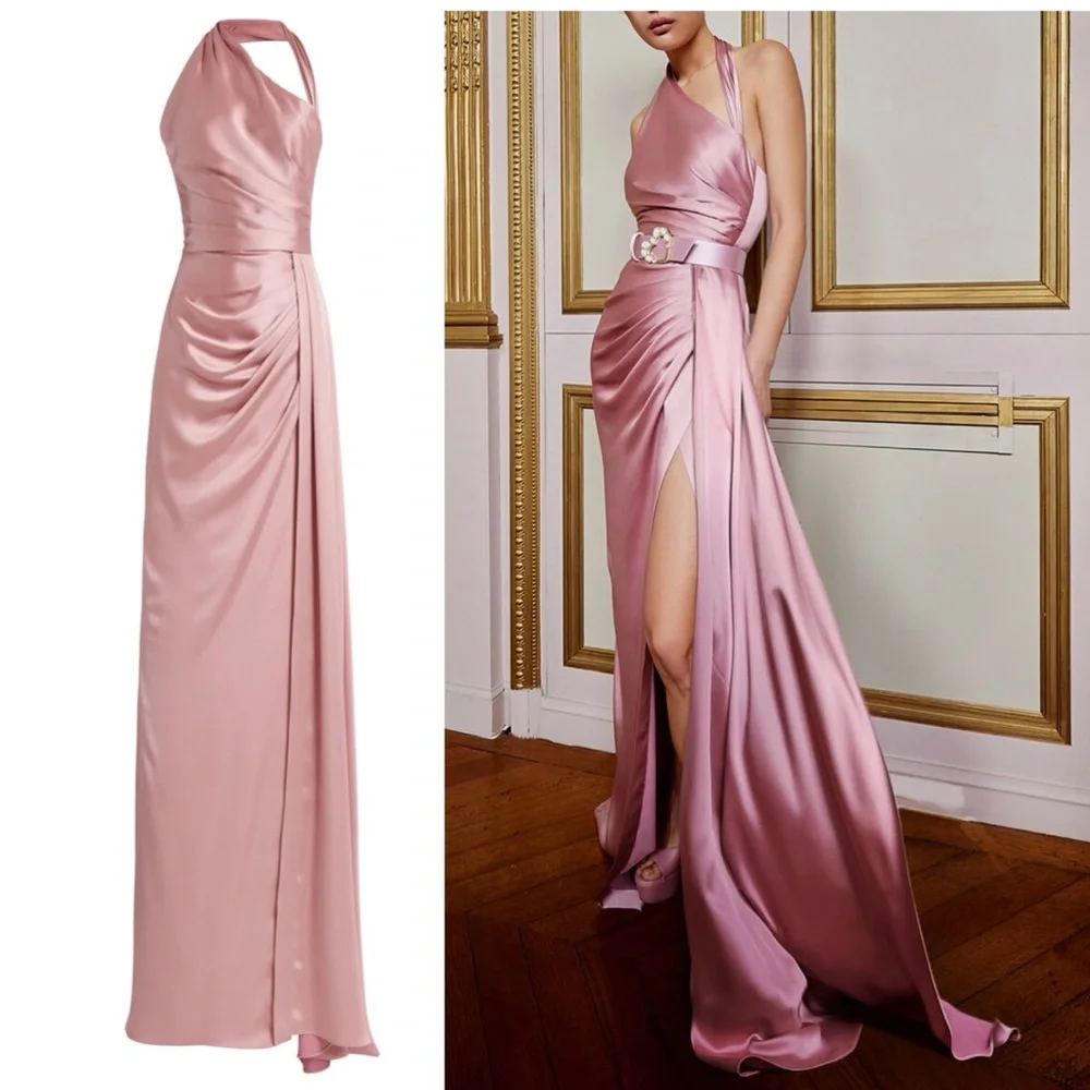 Zuhair Murad Asymmetric Draped Satin Gown Pink Maxi Dress